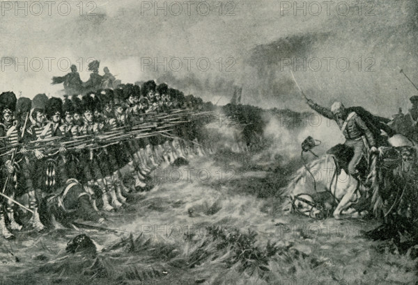 This illustration dates to the early 1920s. The caption reads: The Thin Red Line of Balaklava. This stirring picture shows the gallant siege of the Ninety-third Highlanders at the Battle of Balaklava in the Crimean War. This engagement was fought October 25, 1854, and was the scene of the famous ""Charge of the Light Brigade,"" which Tennyson has immortalized in his poem of that name.