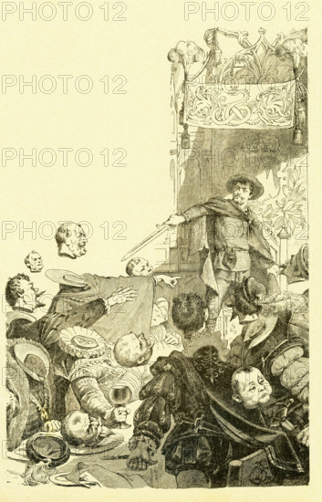 In 1812, the Grimm brothers, Jacob and Wilhelm, published Children and Household Tales, a collection German fairy tales. This illustration accompanied the tale ""The King of the Golden Mountain."" Here the boy turned king, Heinel, is back at the Gold Mountain and with the magic sword he got form the giants has cut off the heads of all who oppose him and htink he is not the rightful king. This image is from Grimms Eventyr (Grimm's Fairy Tales) by Carl Ewald, published in 1922. The frontispiece has the illustrations by Philip Grot Johann and R. Leinweber. Johann was a well-known German illustrator and did pieces for Goethe, but he considered his pieces for Grimm's tales very important. He died young and Leinweber succeeded him as illustrator for later editions of the tales.