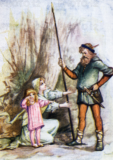 This image, dating to around 1899, shows the Edward of Lancaster, born 1453 and only child of Henry VI, and his mother, Margaret of Anjou, with robber of Hexham who, with his comrades, had captured them This robber helped the two reach France. Edward's birth led to War of Roses. The artist is Frances Brundage, an American who died in 1937.