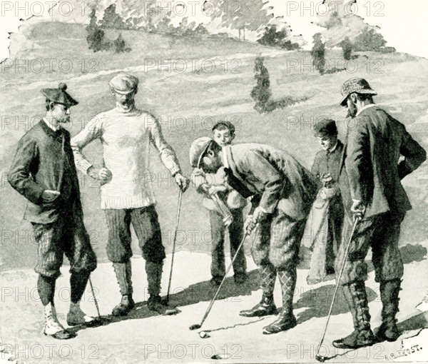 This 1897 illustration of men playing golf at a country club shows the various leg wrappings worn at the time.