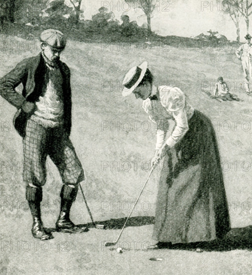 This 1897 illustration shows a man and woman on the green - playing golf.