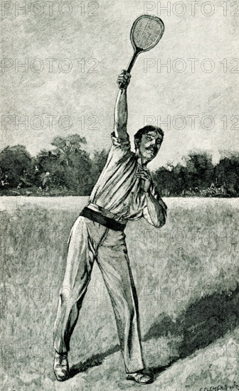 This 1897 illustration of a lawn tennis player shows him hitting what is known as a ""smash."" A smash in tennis is a shot that is hit above the hitter's head with a serve-like motion. It is also referred to as an overhead.