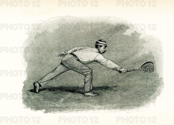 This 1897 illustration of man playing tennis shows him hitting a back-hand half volley. Backhand volleys are hit with the dominant hand on the left side of the body if the player right-handed and the right side of the body if the person is left-handed. A half volley is a shot where a player can't get to the ball to hit a volley before it bounces, and he doesn't have enough time to hit a full groundstroke. As a result, he lets the ball bounce and then quickly block or deflect it back to the other side of the court.