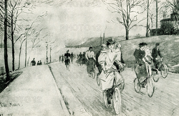 The 1897 caption for this illustration reads: The Wheel of Today, Claremont Hill - Riverside Drive New York.