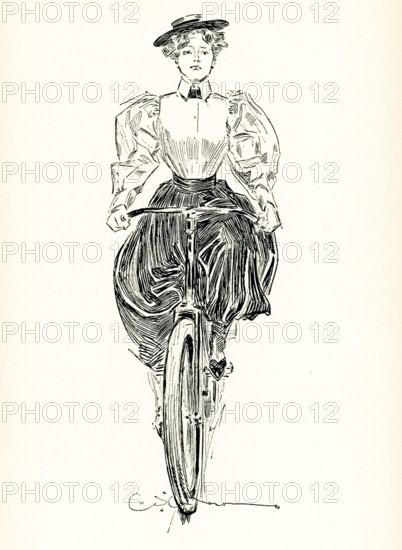 The 1897 caption for this illustration reads: The Wheel of Today,  Woman on Bicycle.