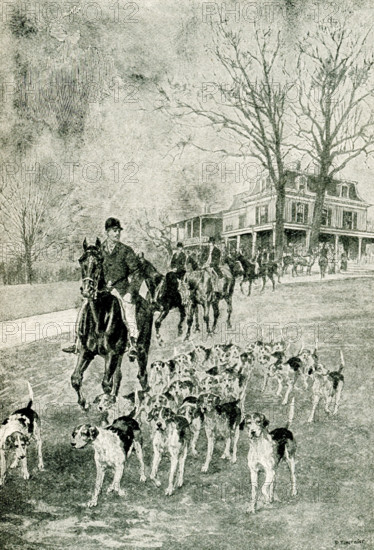 The 1897 caption for this illustration reads: The Start from the Kennels. The Elkridge Club in Maryland.