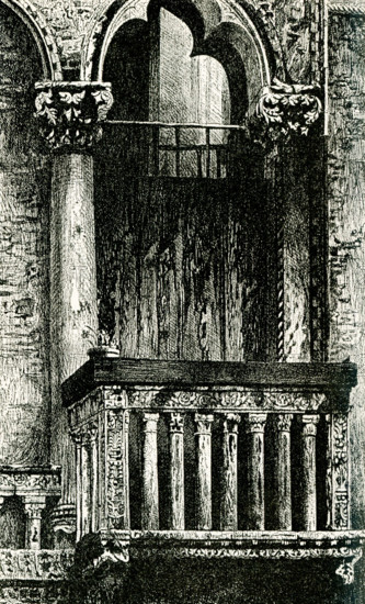 This illustration of a balcony in Campo at San Benedetto in Venice is from John Ruskin's essay ""The Seven Lamps of Architecture,"" published in 1849. The Chiesa di San Benedetto (Church of Saint Benedict)  is a church in Venice, northern Italy. Generally known as San Beneto in the Venetian dialect, it is on the Campo San Benedetto in Venice. It was founded in the 11th century and rebuilt in 1685. San Beneto is in the parish of San Luca. John Ruskin was the leading English art critic of the Victorian era, as well as an art patron, draughtsman, watercolorist, philosopher, prominent social thinker and philanthropist. He wrote on subjects as varied as geology, architecture, myth, ornithology, literature, education, botany and political economy. The 'lamps' of the title are Ruskin's principles of architecture.