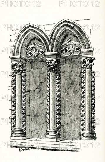 This  illustration of a window in Oakham Castle is from John Ruskin's essay ""the Seven Lamps of Architecture,"" published in 1849. The Norman great hall of Oakham Castle is one of the finest surviving example of domestic Norman architecture in Europe. John Ruskin was the leading English art critic of the Victorian era, as well as an art patron, draughtsman, watercolourist, philosopher, prominent social thinker and philanthropist. He wrote on subjects as varied as geology, architecture, myth, ornithology, literature, education, botany and political economy. The 'lamps' of the title are Ruskin's principles of architecture.