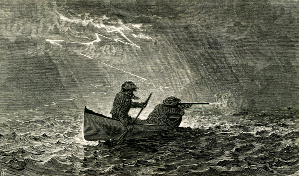 The 1869 caption reads: ""Steady there!"" The illustration shows two males in a small boat, one paddling, the other with a gun firing at some animal. The location is the Adirondacks.