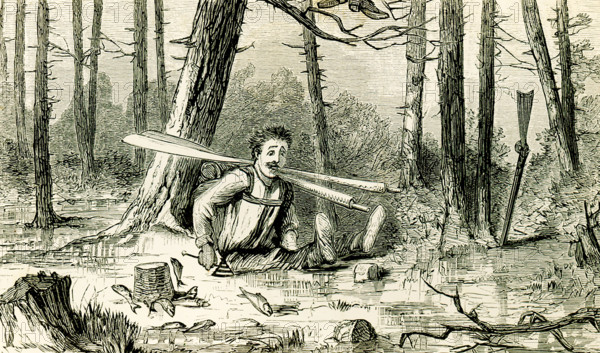 The 1869 caption reads: ""It is pleasant for a man, in the position that I was in, to feel that he has something under him."" The image shows a man having swamped his boat in the Adirondack area, the fish he caught escaping from the basket., oars in his hand, gun caught in mud.