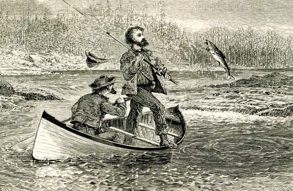 The 1869 caption reads: "" When, high in mid air, he shook himself, the crystal drops were flung into my very face."" The scene shows two men in a boat fishing in the Adirondacks.