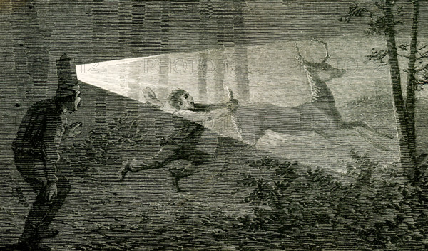 The 1869 caption reads: ""Martin, I shouted, Hang on, that's your deer. I quit all claim to him."" The image shows a man with a headlamp shining on a deer and another ""Martin"" grabbing the deer by the tail.