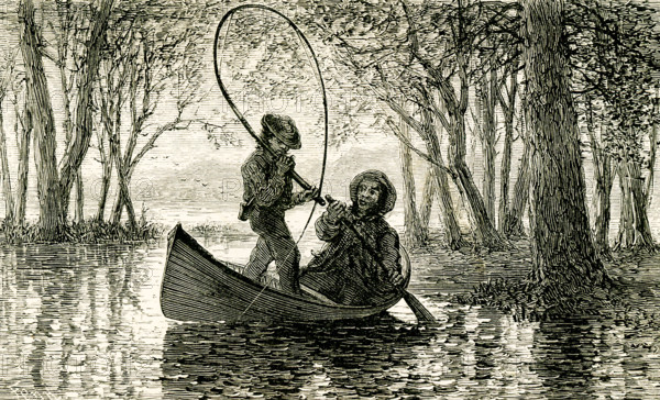 The 1869 caption reads: I lookd at John, his eyes were fastened on the rod."" The illustration shows two males fishing in the Adirondacks.