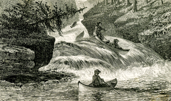 The 1869 caption reads: ""O, royal sight it was to see them come one after another on the verge."" A man in a boat watches as another boat with two people maneuver over rapids.