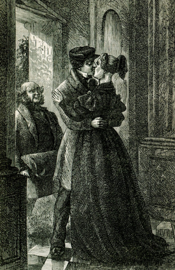 The caption for this late 1800s illustration from the novel Felix Holt by George Eliot  reads: ""She heard herself called 'Mother"" and felt a light kiss on each cheek."" Felix Holt, the Radical (1866) is a social novel written by George Eliot about political disputes in a small English town at the time of the First Reform Act of 1832. In January 1868, Eliot penned an article entitled ""Address to Working Men, by Felix Holt"". Mary Ann Evans (1819-1880), known by her pen name George Eliot, was an English novelist, poet, journalist, translator and one of the leading writers of the Victorian era. She wrote seven novels, Adam Bede, The Mill on the Floss, Silas Marner, Romola, Felix Holt, the Radical, Middlemarch and Daniel Deronda.