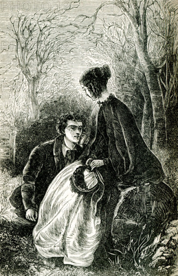 The caption for this late 1800s illustration from the novel Felix Holt by George Eliot  reads: ""You are very beautiful."" Felix Holt, the Radical (1866) is a social novel written by George Eliot about political disputes in a small English town at the time of the First Reform Act of 1832. In January 1868, Eliot penned an article entitled ""Address to Working Men, by Felix Holt"". Mary Ann Evans (1819-1880), known by her pen name George Eliot, was an English novelist, poet, journalist, translator and one of the leading writers of the Victorian era. She wrote seven novels, Adam Bede, The Mill on the Floss, Silas Marner, Romola, Felix Holt, the Radical, Middlemarch and Daniel Deronda.