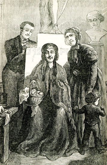 The caption for this late 1800s illustration from the novel Felix Holt by George Eliot  reads: ""Mrs Holt sat on a stool, in singular relief against the pedestal of Apollo."" Felix Holt, the Radical (1866) is a social novel written by George Eliot about political disputes in a small English town at the time of the First Reform Act of 1832. In January 1868, Eliot penned an article entitled ""Address to Working Men, by Felix Holt"". Mary Ann Evans (1819-1880), known by her pen name George Eliot, was an English novelist, poet, journalist, translator and one of the leading writers of the Victorian era. She wrote seven novels, Adam Bede, The Mill on the Floss, Silas Marner, Romola, Felix Holt, the Radical, Middlemarch and Daniel Deronda.