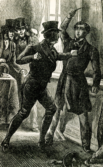 The caption for this late 1800s illustration from the novel Felix Holt by George Eliot  reads: ""Let me go, you scoundrel, said Harold fiercely, or I'll be the death of you."" Felix Holt, the Radical (1866) is a social novel written by George Eliot about political disputes in a small English town at the time of the First Reform Act of 1832. In January 1868, Eliot penned an article entitled ""Address to Working Men, by Felix Holt"". Mary Ann Evans (1819-1880), known by her pen name George Eliot, was an English novelist, poet, journalist, translator and one of the leading writers of the Victorian era. She wrote seven novels, Adam Bede, The Mill on the Floss, Silas Marner, Romola, Felix Holt, the Radical, Middlemarch and Daniel Deronda.