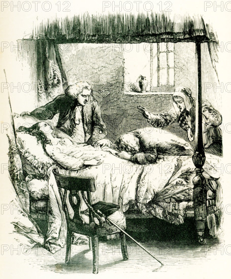 The caption for this 1853 illustration of a novel by Sir Walter Scott reads: Waverley Novels - St Ronan's Well: ""Is Life Gone - is every spark extinct?"" he exclaimed eagerly to a country surgeo, a sensible man, who had been summoned from Marchthorn in the course of the night. The medical man shook his head. Tyrrel rushed to the bedside, and was convinced by his own eyes, that the being whose sorrows he had both caused and shared was now insensible to all earthly calamity. He raised almost a shriek of despair, as he threw himself on the pale hand of the corpse, wet it with tears, devoured it with kisses and played, for a short time, the part of a distracted person"" - St Ronan's Well Part II p 251.