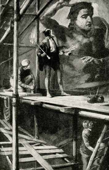 The 1912 caption reads: ""Michelangelo at work in Vatican.  None but Michelangelo could have conceived and painted the great picture of Last Judgment that stands out instinct with power and majesty on the wall of the Sistine Chapel.  It never ceases to astonish men."" Michelangelo di Lodovico Buonarroti Simoni, known simply as Michelangelo (1475-1564), was an Italian sculptor, painter, architect and poet of the High Renaissance born in the Republic of Florence, who exerted an unparalleled influence on the development of Western art.