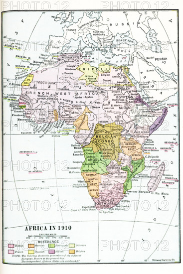 Map of Africa in 1910.  Note: The coloring shows the possessions of the different European Powers at the time. The independent African States are uncolored.  British: dark pink; German: orange; Portuguese: green; Ottoman: light yellow; French:; pink; Spanish: yellow; Italian: purple; Belgian: tan.