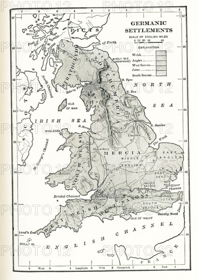 Germanic Settlements in England. This map shows Germanic settlements in England in ancient times. The shaded in areas are: Welsh, Angles, West Saxons, Jutes, South Saxons.