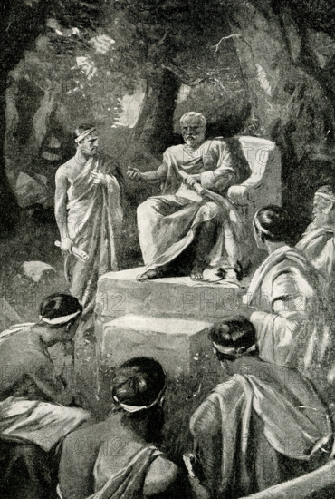 Plato teaching in his open-air school. Not far from Athens was a beautiful plantation that was called the academy, after one of the Greek heroes Academus, who had once owned the place. Here, amid the plane and olive trees, Plato gathered his disciples and held his open-air school, and in this picture we see him teaching his followers, many of whom were old men. After Plato died, the academy was for many centuries still used as a place in which philosophers taught their disciples.