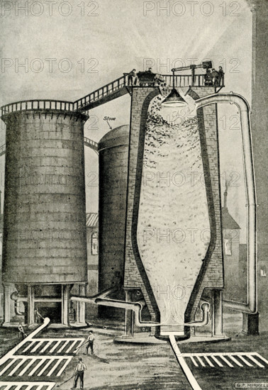 The Fire That Melts Iron - This diagram shows the beginning of iron and steel. The ore dug out of the earth is carried to the top of the great shaft, in which a huge fire is burning. The lid of the furnace is lowered as seen, and the ore falls into the fiery furnace. There it lies, in the greatest heat that men can produce by fire. The lid closes, and the gases rush into the pipe on the right and into the stove, where they help to drive the machinery. This machinery, in turn, forces hot air into the bottom of the furnace through the little entrance that we see, and the tremendous force of this hot air rises through the heart of the fiery furnace anf melts the iron out of the rock, until it trickles like water. At the bottom of the furnace the melted iron collects, and every few hours the ""tap hole"" is opened and the white-hot iron runs into the groove along the ground, and from this into other grooves called ""sand moulds,"" because they are cut out in sand. Here these streams of iro...