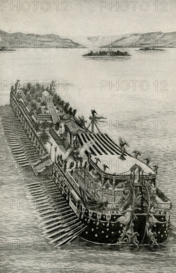 The caption for this 1912 image reads: ""Floating Palace of an Emperor. This picture of the wonderful floating palace that was built by the Roman emperor Caligula gives some idea of the magnificence of Cleopatra's galley, for Caligula's remarkable vessel, the remains of which lie under the waters of Lake Nemi in Italy, was probably made after the model of a famous galley belonging to one of Cleopatra's forefathers."" Caligula died AD 41.