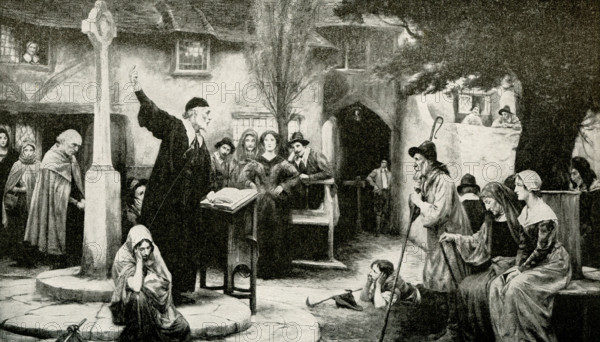 The 1912 caption for this illustration reads: ""How Bible was read to people in Shakespeare's time. Preaching from beautiful English version of Bible at village cross in Tudor times from painting by Mr G E Robertson."" William Shakespeare (died 1616) was an English playwright, poet and actor, widely regarded as the greatest writer in the English language and the world's greatest dramatist. He is often called England's national poet and the ""Bard of Avon"". George Edward Robertson (died 1920) was a British artist.