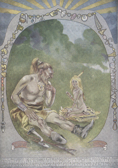 This 1912 image by J M Gleeson illustrates Kipling's How the alphabet was made. Neolithic man Tegumai Bopsulai is out fishing with his daughter Taffy. They talk about the episode in ""How the First Letter was written"", when Taffy's attempt to send a message in a drawing led to complete misunderstanding. Taffy suggests a way of representing the sounds of the Tegumai language in pictograms. Together she and her father evolve a system using familiar objects and facial expressions, which when simplified become letters of the alphabet. The system was adopted and improved for thousands of years and now all children should learn the alphabet as soon as they are old enough.  Joseph Rudyard Kipling (1936) was an English journalist, short-story writer, poet, and novelist. He was born in British India, which inspired much of his work. Kipling's works of fiction include the Jungle Book dilogy, Kim, the Just So Stories (published 1902) and many short stories, including The Man Who Would Be King. J...