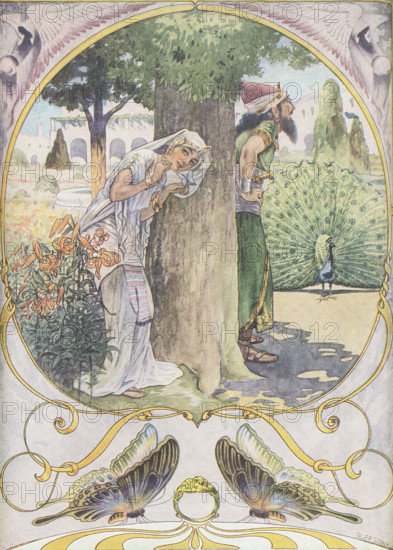 This 1912 image by J M Gleeson illustrates Kipling's The butterfly that stamped. King Solomon was so wise he could understand what all creatures said, as well as rocks, trees, plants and people, and his Head Queen Balkis was nearly as wise as he. He wore a magic ring that gave him power to summon Djinns, Afrits, Fairies and the Archangel Gabriel. But he was not proud, and if he ever showed off he repented it. Once he tried to feed all the world's animals in a day, but an Animal came out of the sea and gobbled up all the food, commenting that in his family that was barely a snack, a lesson that Solomon remembered. He had a thousand wives, and they all lived in a palace together. The wives kept quarrelling, all except Balkis. He went to find peace in his garden. Solomon heard two butterflies quarrelling. The male one told his wife he could stamp his foot and the palace and garden would disappear. Solomon, laughing, called him and asked why he told such a fib, and he said it was to silenc...