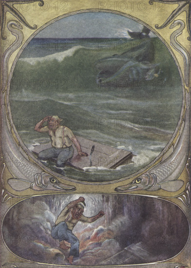 This 1912 image by J M Gleeson illustrates Kipling's How whale  got its throat. Once upon a time the Whale ate fishes of all kinds and sizes. At last there was only one left in the sea, a small astute fish that hid behind the whale's ear and advised him to eat a shipwrecked mariner, to be found at Latitude 50 North and Longitude 40 West. The Whale swallowed the mariner and the raft he was sitting on. But once inside, the mariner jumped about so much that the Whale got hiccups and asked him to come out. He answered that he would not, unless he was taken to the shore of his British home, and danced harder than ever. So the Whale took him to the beach and the mariner came out. But in the meantime the clever mariner had made his raft into a grating which he fastened in the Whale's throat with his suspenders. Forever after, the Whale could only eat the smallest of fishes. Joseph Rudyard Kipling (1936) was an English journalist, short-story writer, poet, and novelist. He was born in British ...