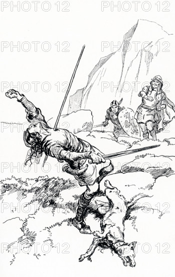 The early 1900s caption reads: ""Olaf shot a spear at Thorir and it struck him."".