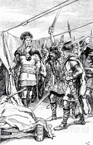 The early 1900s caption reads:"" Harald the Hardredy called his men together and showed them the axe."" Harald Sigurdsson, also known as Harald III of Norway and given the epithet Hardrada (Hardredy) in the sagas, was King of Norway from 1046 to 1066. Additionally, he unsuccessfully claimed both the Danish throne until 1064 and the English throne in 1066.