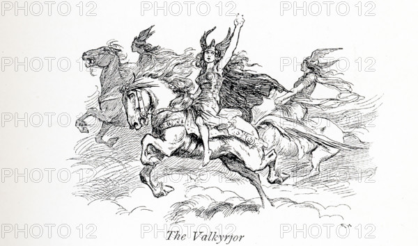 According to Norse mythology, the Valkyries(also called Valkyrjor)  were the daughters or attendants of Odin, the chief god (also called Wotan). The Norse believed the Valkyries came to battlefield, chose those who would die, and carried them back to Valhalla (a fallen warrior can be seen here in front of a Valkyrie). Their leader was Brynhild (also spelled Brunhild, Brunhilde, Brynhildr). This illustration dates to 1913.