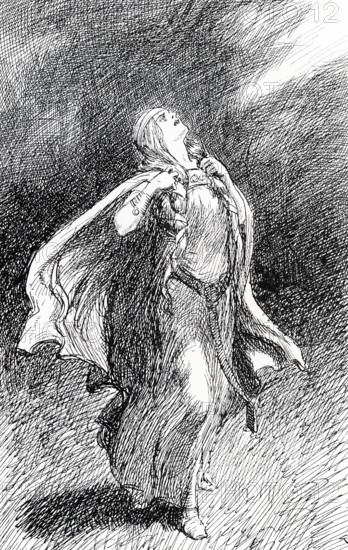 The early 1900s caption reads: ""And well nigh mad was Signy for woe."" In Norse mythology, Signy was the only daughter of the hero Volsung and Ljod. She was also the wife of the ruthless King Siggeir. She had ten brothers, including Sigmund, the youngest. Their story is told in the Scandinavian epic 'Volsunga Saga'.