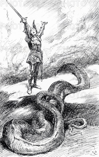 The early 1900s caption reads: Sigurd stood with his sowrd uplifted, the serpent Fafnir was dead."" Sigurd or Siegfried is a legendary hero of Germanic heroic legend, who killed a dragon, known in some Old Norse sources as Fafnir, and who was later murdered.