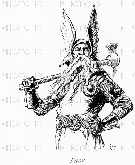 Thor was the god of thunder, and thus the god of might and war. The son of Odin, he had a magical hammer named Mjollnir that returned to him, a belt of strength, and iron gloves. His chariot was pulled by two goats, Tanngrisni (""gap-tooth"" ) and Tanngnost (""tooth grinder""). This illustration dates to 1913.