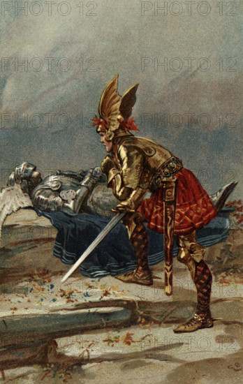 The early 1900s caption reads: ""Sigurd said to himself that whatever befell he must look upon the face‚ beneath the helmet was Brynhild."" According to legend, Sigurd found and wakened Brynhild, a maiden who lay in an enchanted sleep upon a high mountain. They loved one another, and Sigurd gave her a ring from the dragon's treasure, promising to return and marry her.