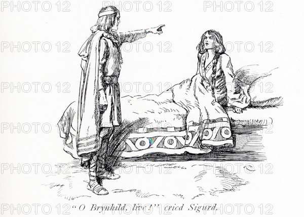 The early 1900s caption reads: ""Brynhild, live‚ cried Sigurd.""  According to legend, Sigurd found and wakened Brynhild, a maiden who lay in an enchanted sleep upon a high mountain. They loved one another, and Sigurd gave her a ring from the dragon's treasure, promising to return and marry her.