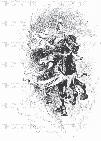 In this 1913 illustration, Odin has mounted Sleipner, his eight-legged horse. In Scandinavian (Norse) mythology, Odin was one of the chief gods and the ruler of Asgard (the country or capital of the Norse gods). He is often pictured with two ravens, Hugin (also Huginn - and meaning ""thought"") and Munin (also Muninn and meaning ""memory"") and two wolves, Geri and Freki (both meaning ""greedy"" or ravenous one""). This illustration dates to 1913.