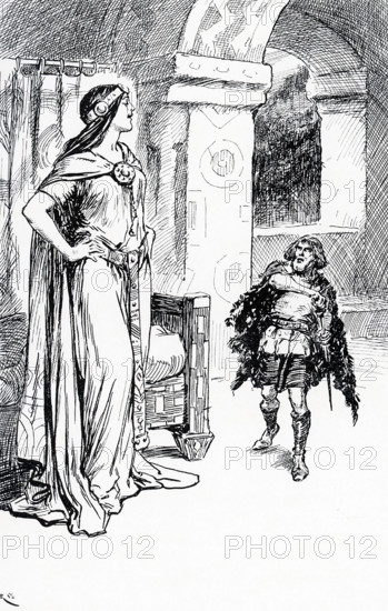 The early 1900s captions reads; The Giant Maiden laughed at Skirnir's threats."" In Norse mythology, Skirnir is the god Freyr's messenger and vassal. Then Skirnir told Gerda (wife of Freyr, the god of fertility and agriculture) of his master, the bright god, Frey, and of his love for her (Gerga and Frey do marry). Gerda answered no. Skirnir's anger rose against her.But the giant-maiden laughed at his threats till Skirnir swore to bring upon her, by magic art, the anger of the gods.