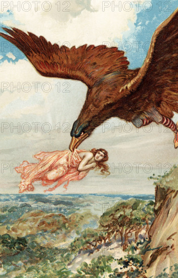 The early 1900s caption reads: "" Thjassi the giant, in his eagle plumage, flew down and caught up Iduna."" Idun is the goddess of youth - her name means ""giver of eternal youth. The other gods get golden apples from her. She stores them in a basket, and they keep the gods young until the end of the world. Idun is the daughter of the dwarf Ivald and she is married to Bragi.