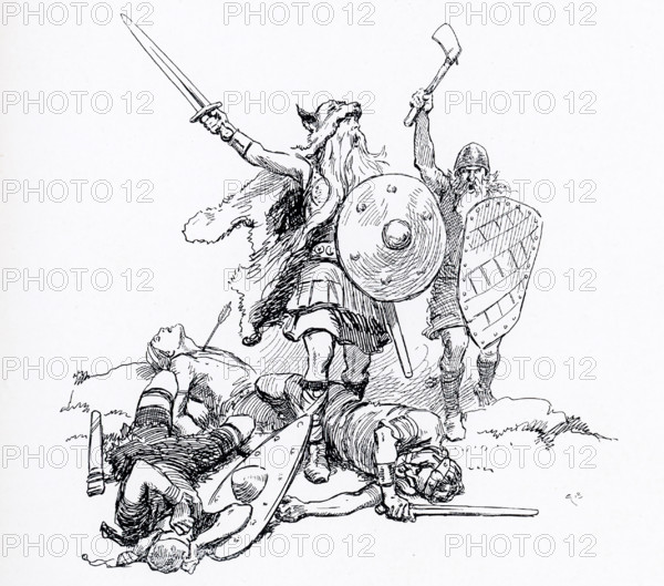 The Battle of Fulford or Battle of Fulford Gate on 20 September 1066 was fought by a force led by Harald Hardrada of Norway against the English Earls Morcar and Edwin in the first of three battles in 1066 which played an important part in deciding the course of Harold Godwinson's campaign to remain on the throne of England. This illustration by Gordon Browne dates to 1913.