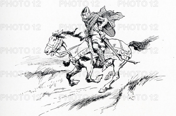 This illustration shows Tryggvi escaping from land of Wick. Tryggvi ""the Pretender"" was a Viking chieftain who lived in the early eleventh century. He came from ""west across the sea"" (probably from the Norse settlements in England and Ireland). Usually pronounced 'week', the word ""wick"" comes from the Old Norse vik meaning an inlet or small, and mostly open, bay. Often U-shaped and with one or more beach, wicks would have been popular landing places for the incoming Norse settlers. This illustration by Gordon Browne dates to 1913.