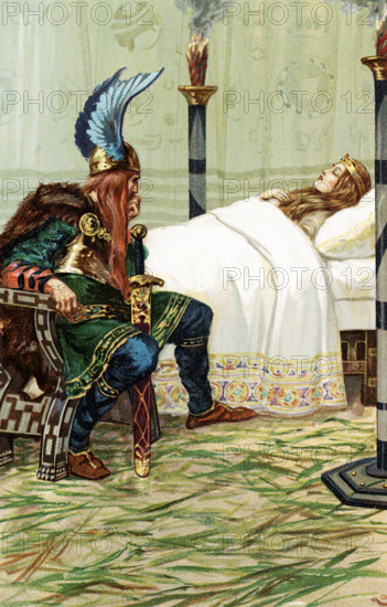 The early 1900s caption reads: ""Harold sat by her side and watched her."" The image shows Harald Hairfair and Snowfair."" Harald Fairhair (c.850 - c.932) was a Norwegian king. According to traditions current in Norway and Iceland in the eleventh and twelfth centuries, he reigned from c. 872 to 930 and was the first King of Norway. His sons, Eric Bloodaxe and Haakon the Good, succeeded him. Harald married Snowfair, daughter of Swasi. When Snowfair died, she did not change, and as red and white she was as when she was alive; and the king sat ever by her (as seen here) and thought in his heart that she still lived.