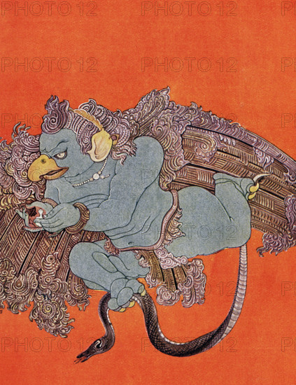 This print showing Garuda dates to 1913. Garuda, in Hindu mythology, the bird (a kite or an eagle) and the vahana (mount) of the god Vishnu. In the Rigveda, the sun is compared to a bird in its flight across the sky, and an eagle carries the ambrosial soma plant from heaven to earth. The mythological account of Garuda's birth in the Mahabharata identifies him as the younger brother of Aruna, the charioteer of the sun god, Surya.