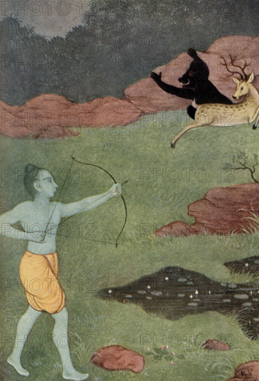 This print of the Death of Maricha dates to 1913. Rama fired his Astra (weapon) Manavastra (which could hit a target miles away) from his bow. The arrow struck Maricha's chest and threw him a hundred leagues away, into the ocean. In the Hindu epic Ramayana, Maricha (also spelled Mareecha) is a demon, who was killed by Rama, the hero of the epic and an avatar of Lord Vishnu.