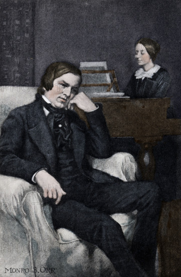 This illustration shows Robert and Clara Schumann. They belonged to the Romantic movement. Robert was one of its greatest leaders. He was outstanding both as a composer and as a critic. Some of his best work was written for his wife, Clara Wieck Schumann, a talented concert pianist.